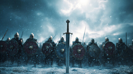 Gleaming sword plunging into icy ground amidst formation of armored medieval fantasy warriors preparing for battle