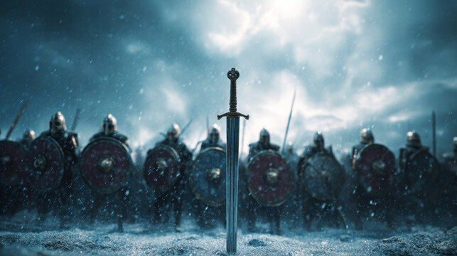 Gleaming sword plunging into icy ground amidst formation of armored medieval fantasy warriors preparing for battle
