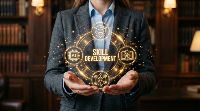 A professional woman in a business suit holding a glowing skill development icon in her hands.