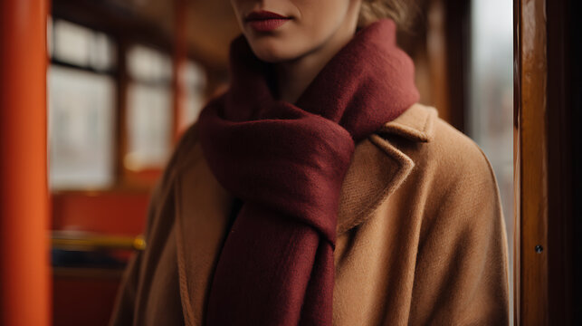 Elegant woman in a cozy brown coat and warm maroon scarf, standing thoughtfully inside a vintage tram on a cool autumn or winter day, travel journey mood