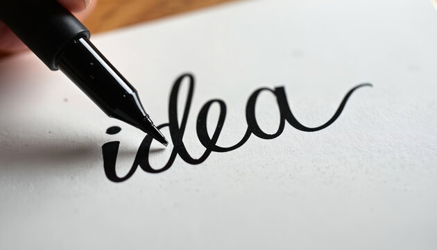 Calligraphy pen writes word idea in elegant script on white paper. Black ink flows creating artistic lettering. Close up shot of creative process for new thought.