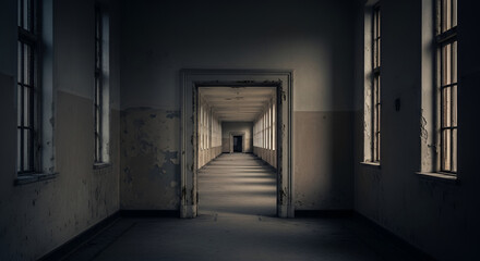 Obraz premium Eerie view of a long deserted corridor in an abandoned building with peeling paint and open doorway in dark monochromatic tone