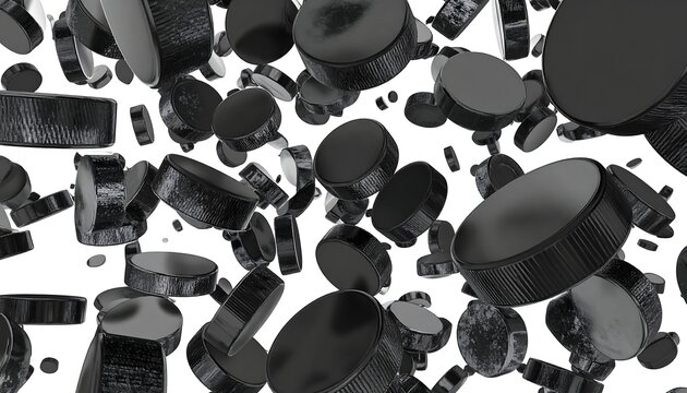 A dynamic perspective of numerous black pucks suspended against a clean white backdrop, seemingly in chaotic freefall, creating a visually striking abstract