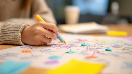 Naklejka premium Student detailing vibrant mind map nodes with pastel highlighter hand movement sharp against softly blurred desk and tutors sample notes nearby.