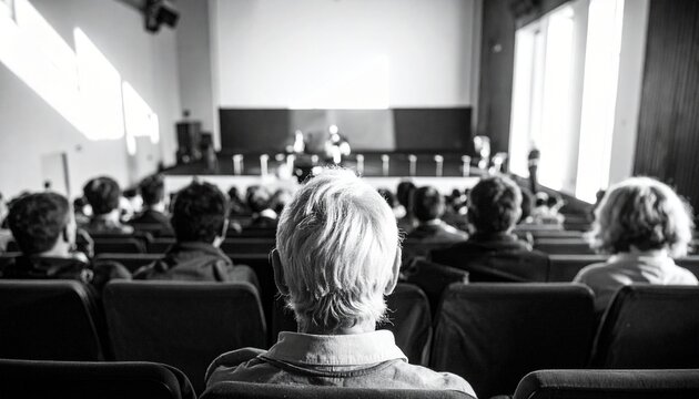 Attentive audience members viewed from behind, engaged in a professional conference presentation within a dimly lit auditorium, captured in classic monochrome