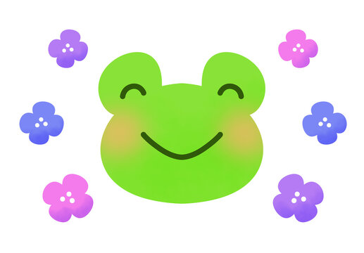 ニコニコ笑顔のカエルと紫陽花のイラスト
