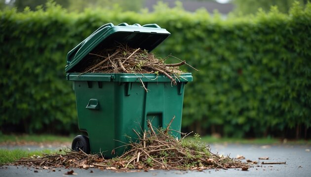 Green yard waste bin overflows with branches and leaves outdoors. Debris spills onto paved ground near a lush green hedge. Seasonal cleanup clutter.