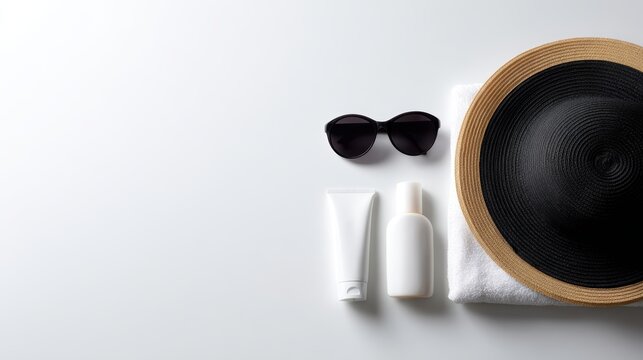 Summer vacation essentials arranged on white background, sunglasses, hat, sunscreen, banner style