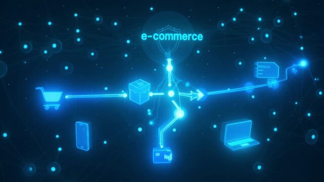 Blue Neon Conceptual Note e-Commerce Network Animation for Digital Shopping Explainers