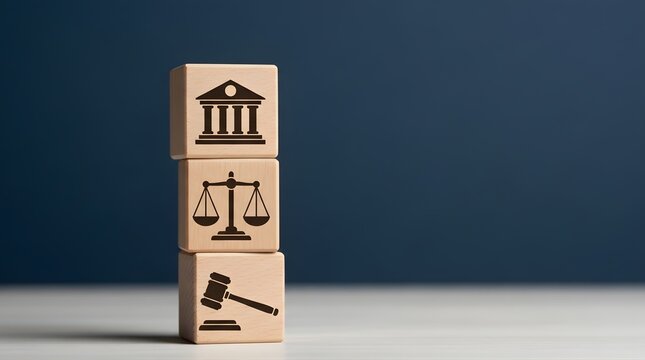 Three wooden blocks stacked vertically on a white surface with a dark blue background, each block displaying a black icon representing legal or governmental concepts