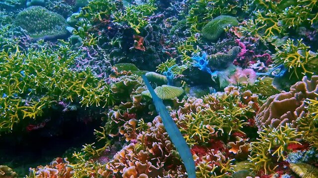 Rare blue ribbon pipefish hovering vertically in a lush, blue fish passing by, densely colonized shallow coral garden. Indonesia