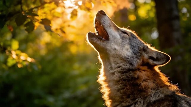 Grey wolf howling loudly in a natural forest environment with golden backlight, suitable for wildlife documentary, nature conservation, animal education, wilderness theme, and ecological project.