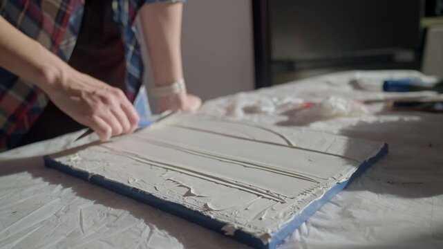 Woman spreading textured paste on white canvas using palette knife on covered work table. Concept of creative process