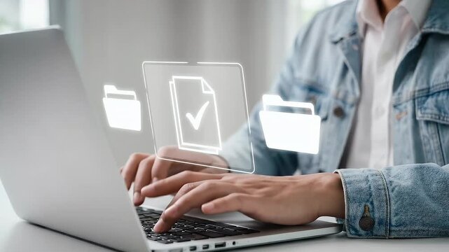 Document management system concept, A businessman checks over digital documents on a virtual screen. Process automation and document management systems enable effective document paperless operations.&nbsp;