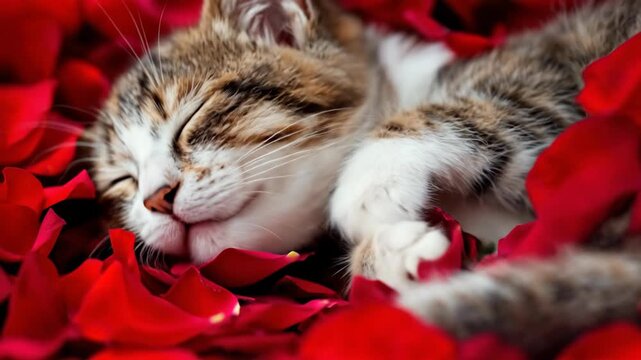 A peaceful cat sleeps amidst vibrant red rose petals.