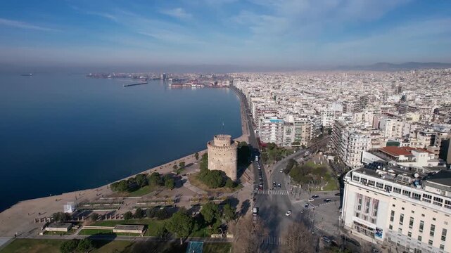 Sunny aerial cityscape of thessaloniki showing the white tower and the seafront promenade in greece
