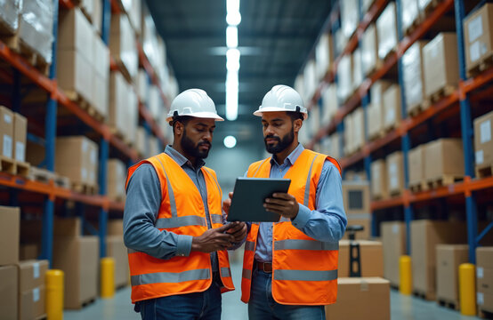 Two men in hard hats and vests look at tablet in warehouse. They discuss inventory and operations amid tall shelves of boxes. Logistics team plans product movement.