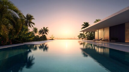 Fototapeta premium Modern luxury house with a swimming pool at sunset. High-end architectural design for real estate. Contemporary villa exterior with water reflections.