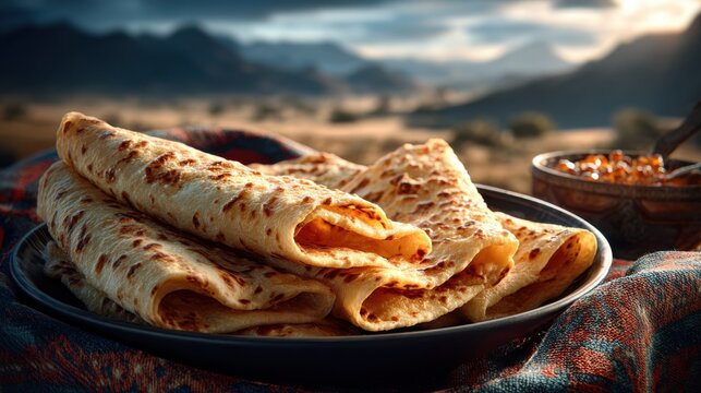 Msemen flatbreads with honey served on a decorative tablecloth in a Moroccan village setting, highlighting cozy culinary traditions.