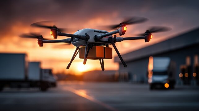 Cargo drone delivering a package above a logistics hub at sunset with trucks in the background.