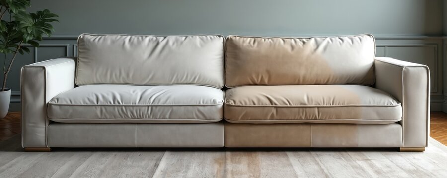 Sofa split into clean and dirty halves showing upholstery cleaning results. One side is spotless white, other is soiled brown showing visible stains. Furniture makeover comparison.