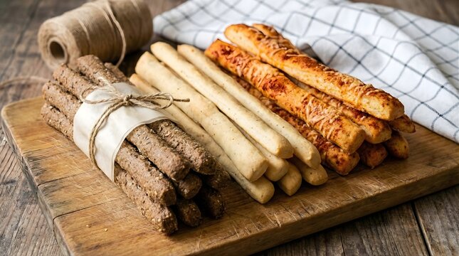 Assorted gourmet breadsticks and savory grissini collection on rustic wooden cutting board with twine roll and checked kitchen towel in background for snack time bakery display or catering services
