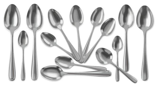 Collection of Polished Stainless Steel Spoons of Various Sizes on White Background