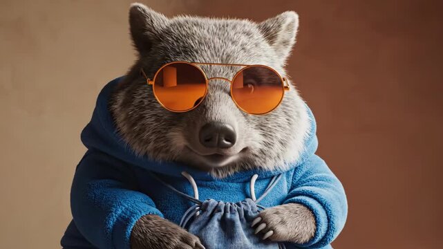 Wombat wearing blue hoodie and sunglasses.