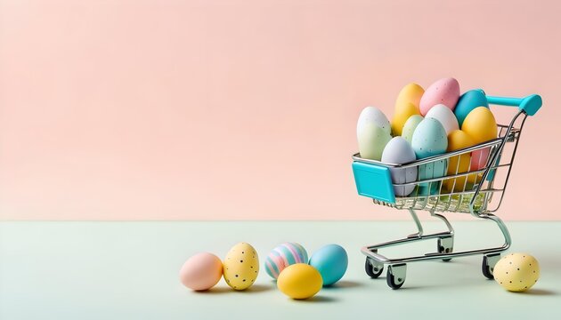 Easter shopping concept with colorful painted eggs in a mini supermarket trolley