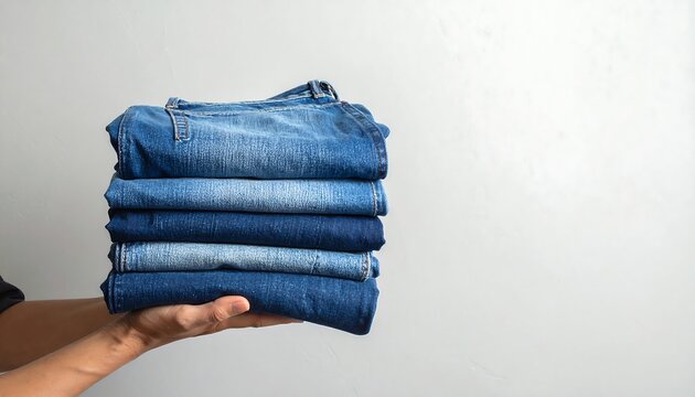 A person holds a stack of folded blue jeans