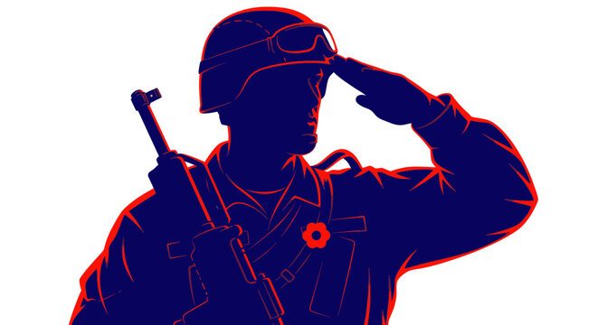 Soldier Saluting with Rifle, Remembrance Poppy - Military Silhouette