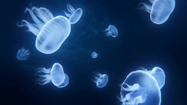 Ethereal jellyfish gracefully swimming in deep ocean waters. Captivating marine life showcasing the beauty of underwater ecosystems