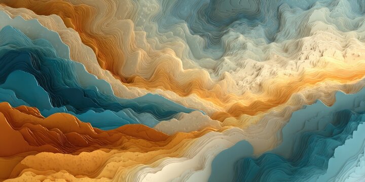 Ethereal, layered landscape with flowing textures in ocean blues and sandy oranges