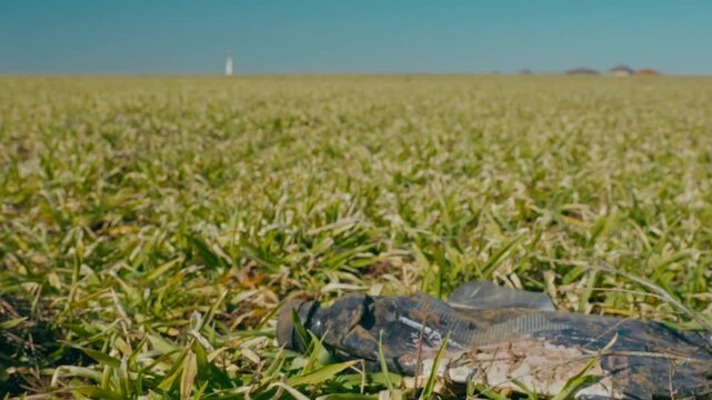 Discarded, crushed plastic bottle lying on the ground in a young winter wheat field. Wide angle low shot with horizon and blue sky. Environmental pollution concept.
