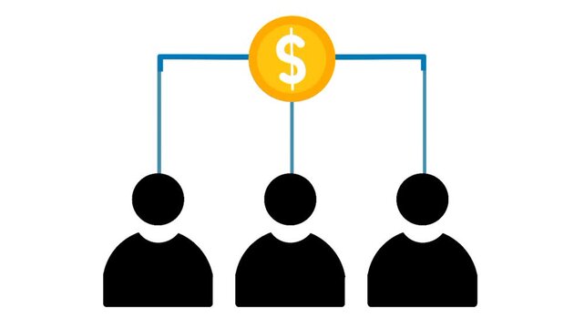 Profit sharing concept with gold coin and flow chart distributed to multiple person icons. Symbol of finance, distribution, teamwork, and business cooperation