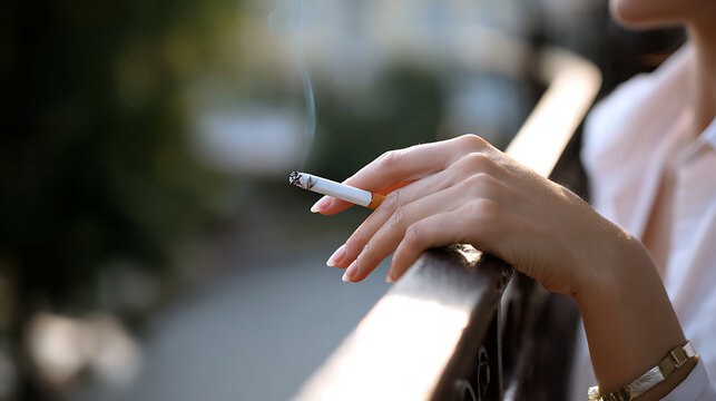 Close-up of a person's hand holding a cigarette, with smoke rising, leaning on a dark railing outdoors, highlighting a moment of contemplation