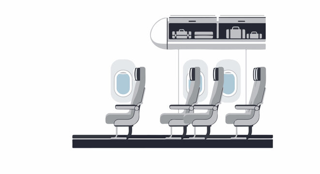 A simplified view inside an airplane cabin with seats and luggage