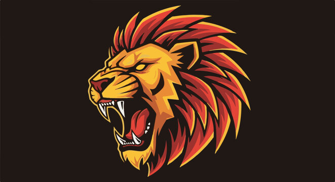 Fierce lion head illustration with fiery mane and dark background