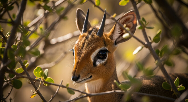 Kirk's dik-dik portrait nestled among leafy branches in natural habitat vibrant wildlife photography capturing animal in wild environment