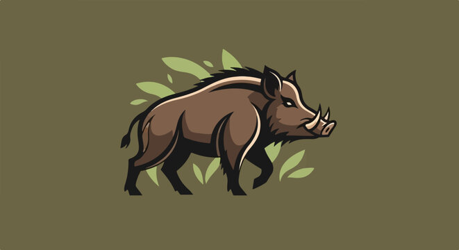 A stylized illustration of a wild boar with tusks walking through grass