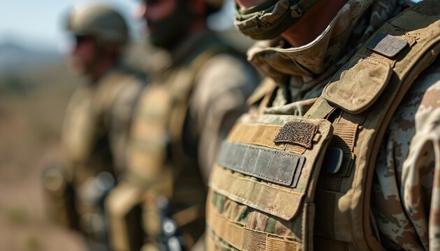 Soldiers wear camouflage tactical vests with pouches and gear. Close up shows fabric texture detail. Army personnel stand in formation, ready for duty.