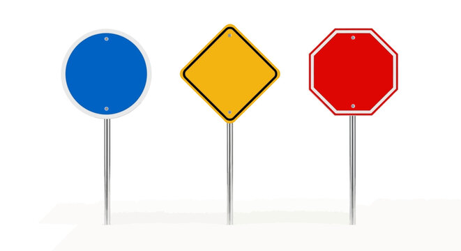 Three road signs stand on metal poles in transportation settings