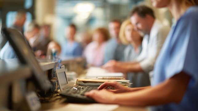 Focused view of a nurse entering patient information on a computer during a busy afternoon at a medical reception desk with blurred patients waiting.
