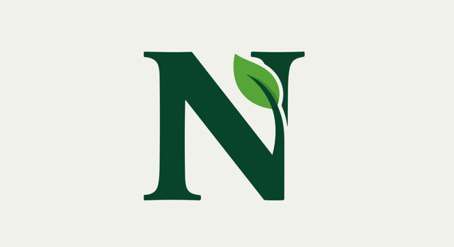 Elegant dark green letter N with a vibrant green leaf