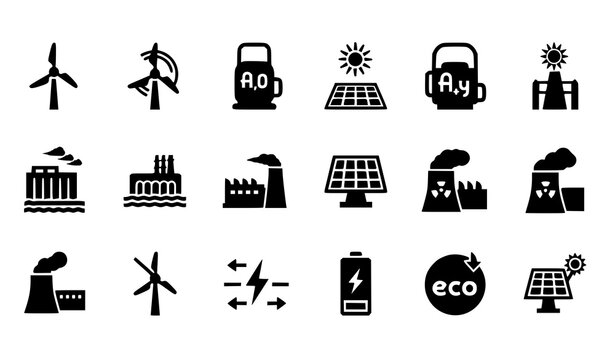 Green energy electricity generation icon set with wind solar hydrogen hydro and nuclear power solid vector icons