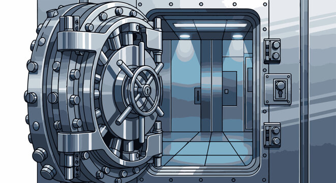 Detailed illustration of an open, heavy, metallic vault door revealing a secure interior
