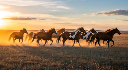 Fototapeta premium Majestic herd of wild horses galloping across golden prairie at sunset creating dust trails in warm evening light freedom and nature