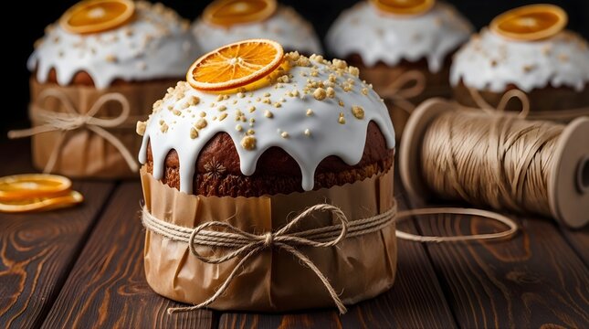 Easter cake traditional sweet bread decorated with white icing dried orange slice delicious festive dessert for holiday celebration homemade pastry wrapped in brown paper with string bow