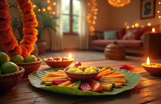 Diwali festival home table setting with marigold garlands candles and food offerings. Sliced fruits and sweets arranged on banana leaf. Warm interior light.