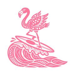 Fototapeta premium Pink Flamingo Bird on Surfboard Riding Ocean Wave Illustration